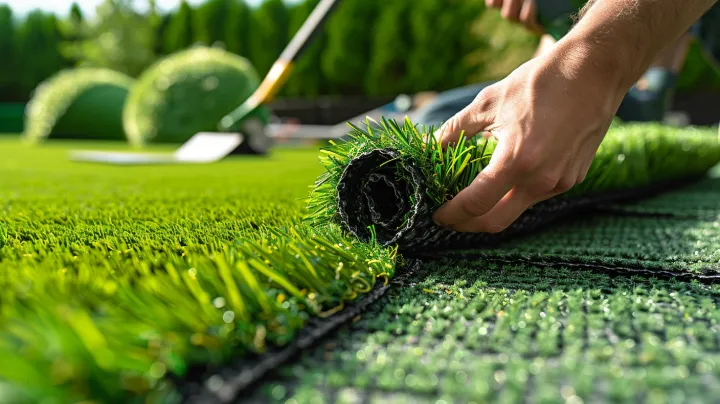 A person unrolling artificial grass turf onto a surface in a garden setting.
